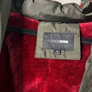 Olive green with burgundy plush lining.